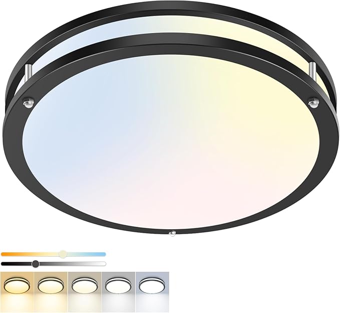 hepside 1 Pack Flush Mount Ceiling Light Fixture, Dimmable & 5Color Temperatures Ceiling Light Black, 16inch 36W 3000K 3500K 4000K 5000K 6500K Adjustable Ceiling Lamps for Bathroom Bedroom Hallway