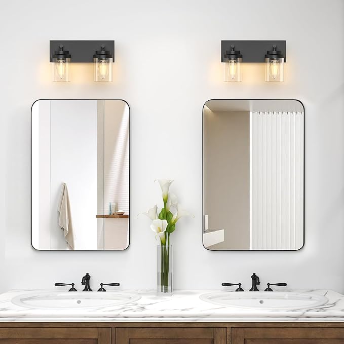 IZORRO Bathroom Vanity Light Fixture, 2-Light 15 Inch Matte Black Bathroom Light Fixtures Over Mirror, with Clear Glass Shade, Modern Farmhouse Vanity Lights, Rustic Restroom Lighting Fixtures