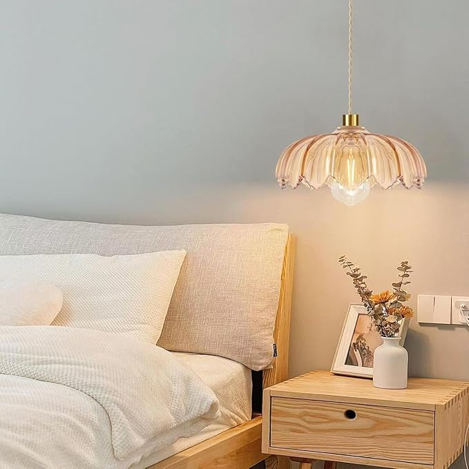 Plug in Pendant Light Hanging Lights with in Cord Mid Century Modern Gold Hanging Lamp Flower Glass Amber Vintage Dimmable Chandelier Ceiling Fixture for Living Room,Kitchen,Boho