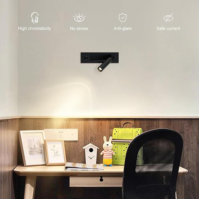 LED Bedroom Lamp Headboard Wall Light Sconce, Bedside Reading Light Recessed Push Switch Wall Lamps, Hotel Bed Side Decorative Wall Sconces Spotlight, 360° Rotatable 92° Foldable (Black)