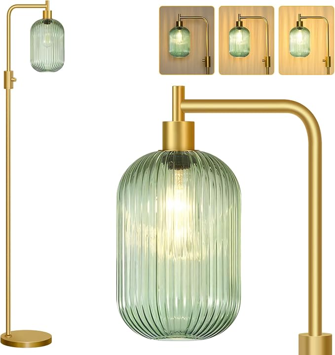 【Upgraded】 Dimmable Floor Lamp for Living Room with Green Ribbed Glass Lampshade, Gold Modern Floor Lamp with 900LM LED Bulb Included, Arc Standing Tall Lamp for Bedroom, Office, Reading Room, Corner