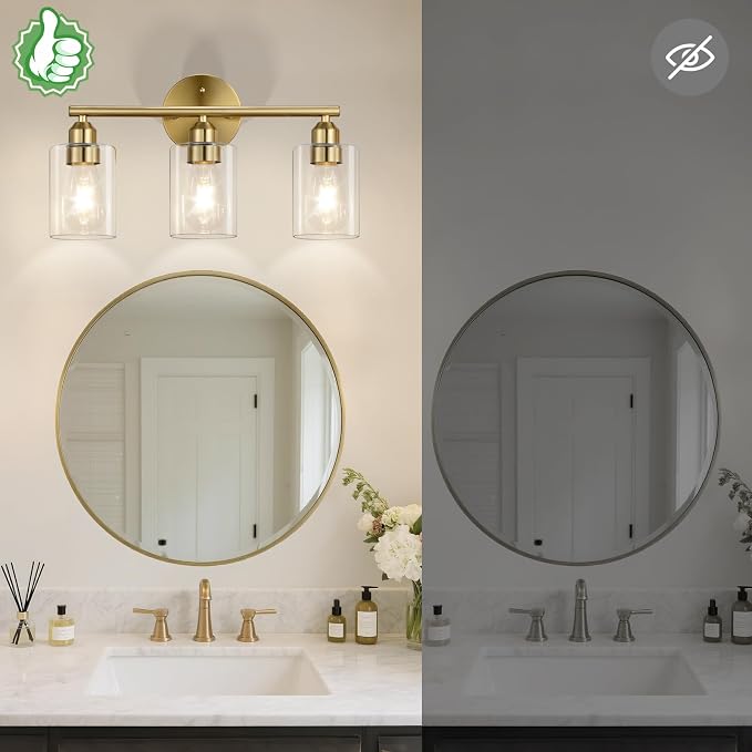 3-Light Bathroom Gold Vanity Light Fixtures,17.3'' | Clear Glass Shade,Modern Wall Lamp for Mirror
