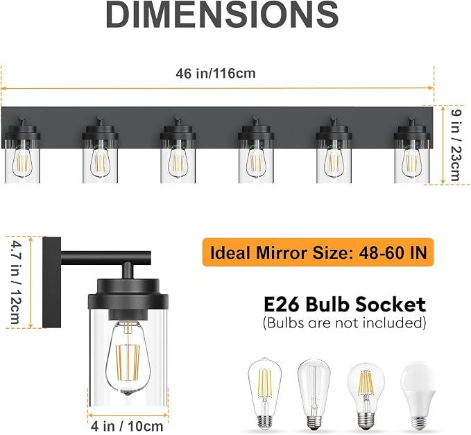 IZORRO Bathroom Vanity Light Fixture, 6-Light 46 Inch Matte Black Bathroom Light Fixtures Over Mirror, with Clear Glass Shade, Modern Farmhouse Vanity Lights, Rustic Restroom Lighting Fixtures