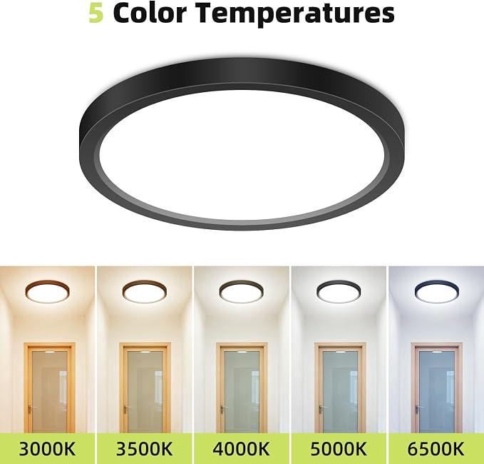 1PACK Flush Mount LED Ceiling Light Fixtures 5 Color Temperatures in One &100W Equivalent Flat Bathroom Ceiling Light,7Inch 15W Thin Round White Surface Flushmount Fixture for Closet,Bedroom,Black