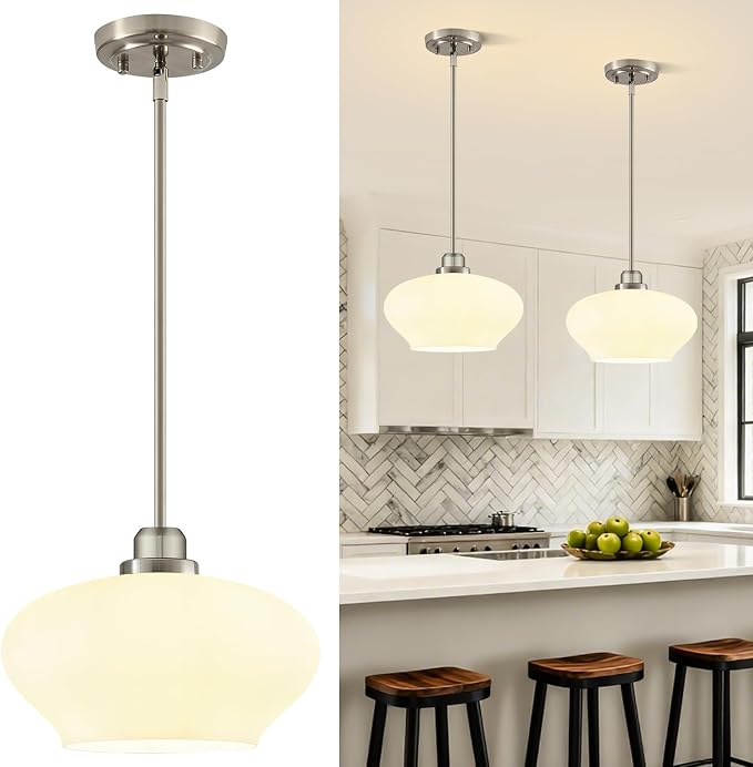 Modern Pendant Lights Kitchen Island, Brushed Nickel Pendant Light Fixtures with 11" Milk Glass Shade, Industrial Hanging Pendant Lights Fixture for Kitchen Island Dining Room Bedroom Hallway Entryway