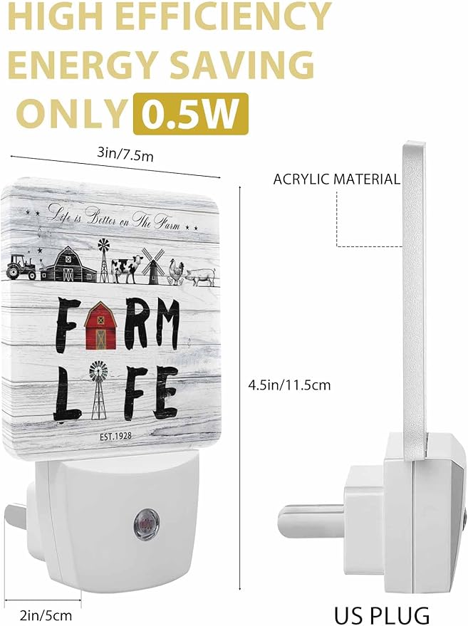 Vintage Night Lights Plug into Wall LED Night Light Farmhouse Chicken Pig Barn Wood Grain Automatic Dimmable Dusk-to-Dawn Square Shaped Smart Nightlight for Bathroom/Bedroom