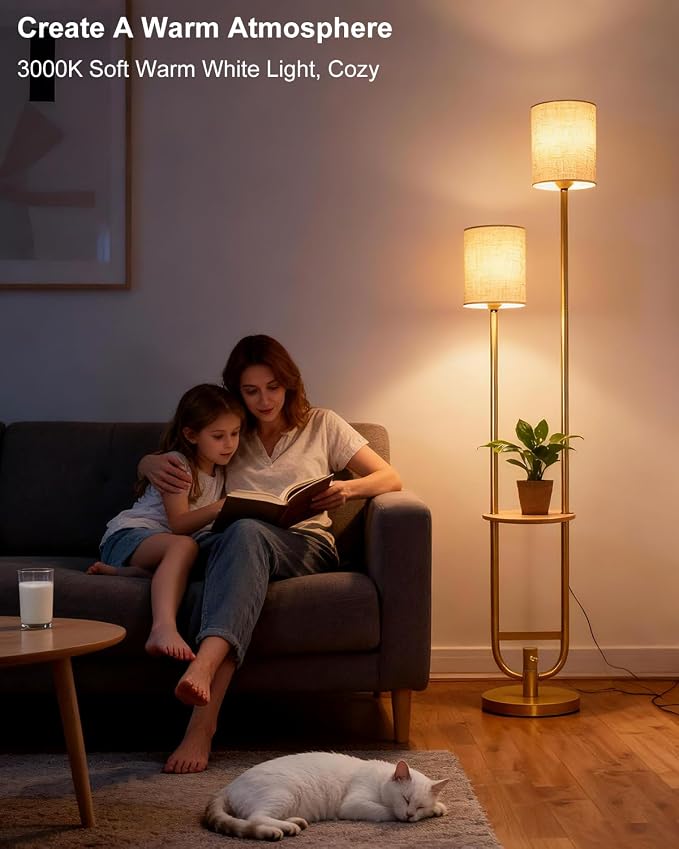 Lightdot 63Inch Floor Lamp Dimmable Gold Floor Lamp with 5Lbs Heavy Base for Living Room 2-Light Mid Century Modern Tall Standing Lamp with Table for Bedroom/Sofa Beside/Corner Decor(Bulbs Included)