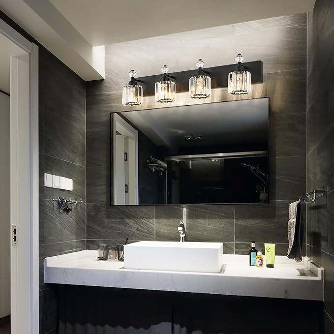 PRESDE Crystal 4- Light Vanity Light for Bathroom，Modern Matte Black Bathroom Lights Fixtures Over Mirror Wall Sconce