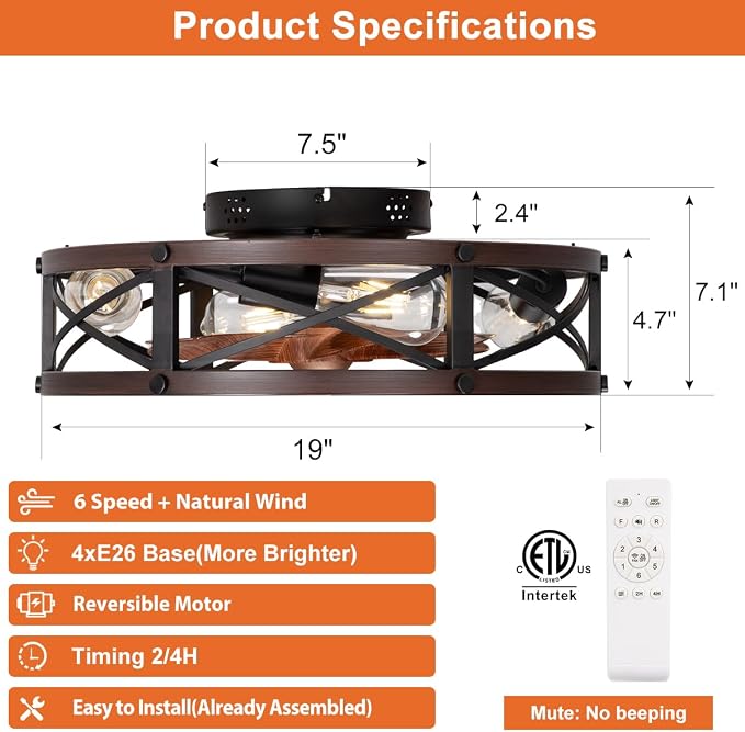 SHLUCE 19" Caged Low Profile Ceiling Fan with Light, Farmhouse Small Flush Mount Ceiling Fans with Lights and Remote, Rustic Bladeless Ceiling Fan with Light for Bedroom, Kitchen, Brown - ETL