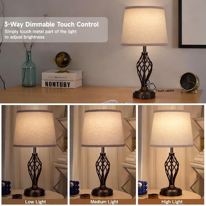 Ruiever Touch Table Lamps Set of 2, nightstand lamp with USB Ports Bedside 3 Way Touch dimmer Desk lamp for Living Room Bedroom,Brown Painted Spiral cage Base Design Warm White dimmer Bulbs Included.