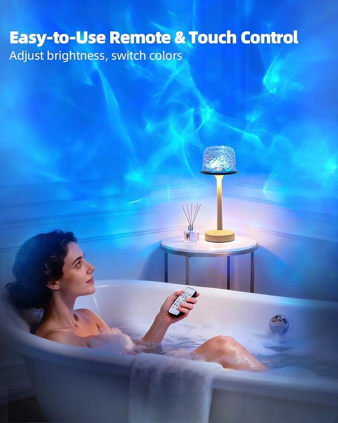 CHLORANTHUS Waterproof Shower Lamp, Ocean Wave Projector – Rechargeable Bathroom Night Light for Home Spa – 2-in-1 Cordless Table Lamp, 16 Colors Remote Touch Control – Relaxing Gifts Women & Kids