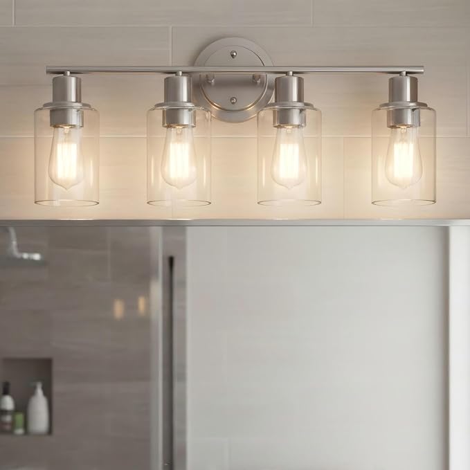 Brushed Nickel 4-Light Bathroom Light Fixture Over Mirror Sink, 4-Light Bathroom Vanity Lights Brushed Nickel Vanity Wall Sconce for Mirror