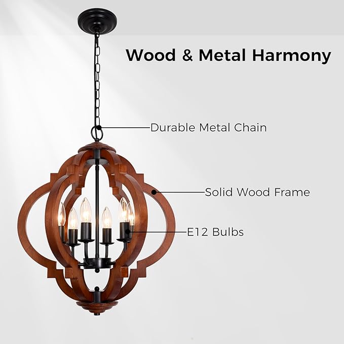 6-Light Farmhouse Chandelier, Red Wood and Black Metal Rustic Light Fixture, Industrial Dining Room Chandelier for Kitchen Island, Entryway, Foyer, Bedroom, Living Room
