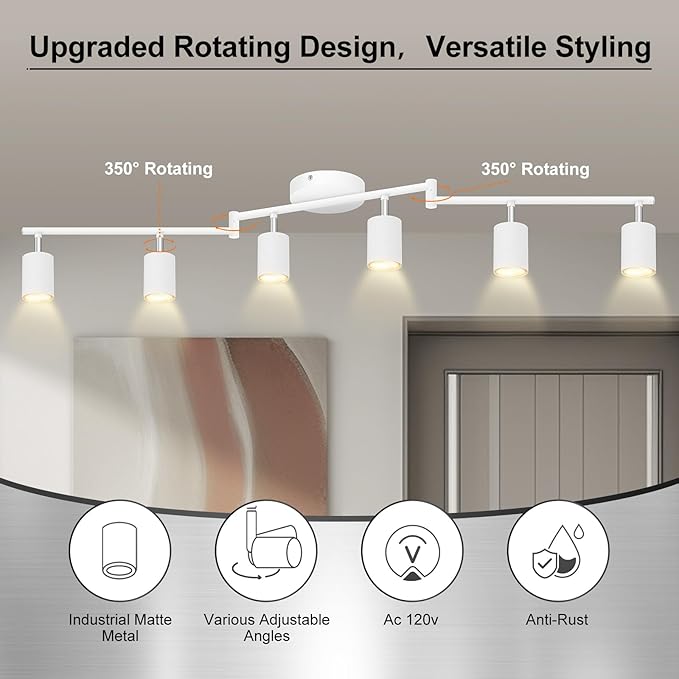 6 Light Track Lighting Fixtures Ceiling, Matte White Kichen Track Lighting Fixtures with Rotatable Light Heads, Foldable Lamp Arms, Modern LED Track Lights for Kitchen/Hallway, No GU10 Bulb