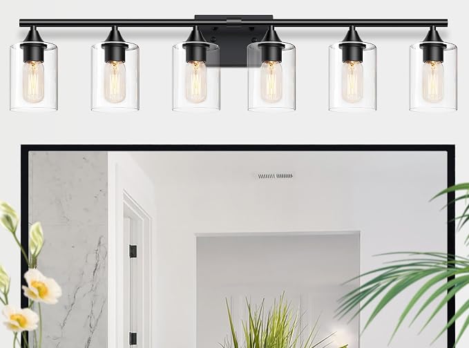 6-Light Matte Black Bathroom Light Fixtures, Over Mirror with Clear Glass Shade, Wall Light Sconce for Vanity Table, Hallway
