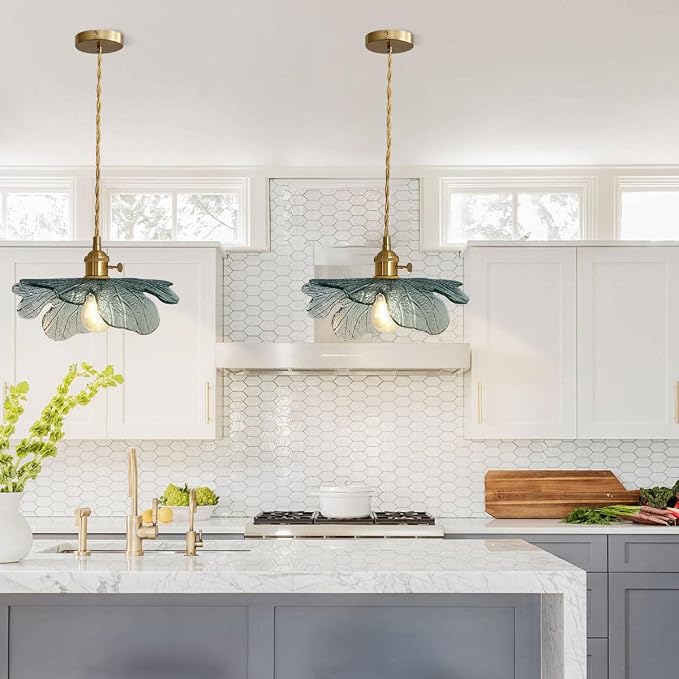 Hardwire Petal Glass Pendant Light Kitchen Island, Brass Chandelier | Hanging Light, Sculptural Art Glass, Unique, Vintage, Gold, Adjustable, Mid Century, Modern,Dining Room,Bedroom, High Ceiling
