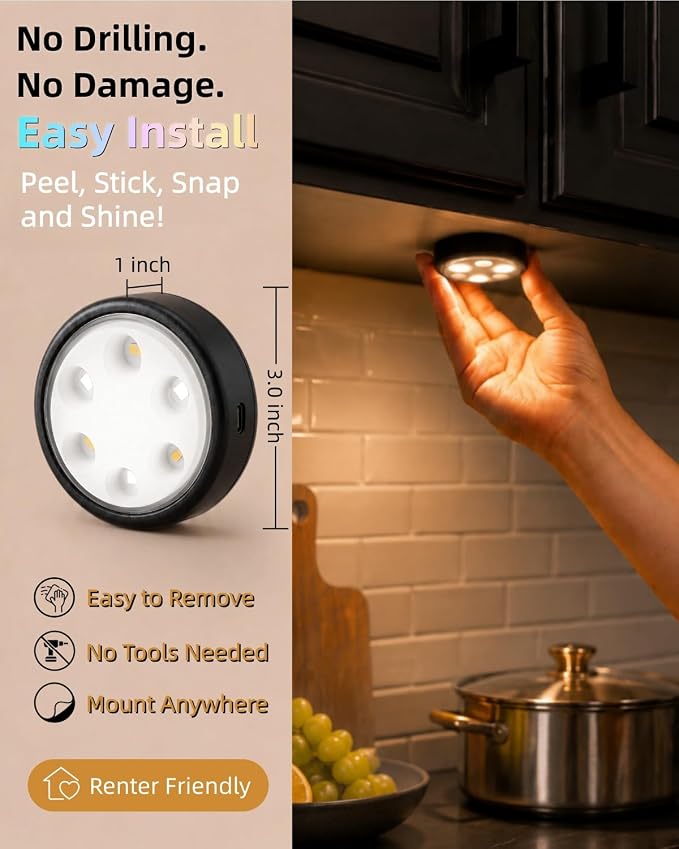 HOLKPOILOT Puck Lights with Remote, 2000mAh Battery Operated Rechargeable Under Cabinet Lighting, 3 Color Temps & 7 RGB Colors, Magnetic Closet Light, Black Wireless Puck Light for Kitchen, Shelf.