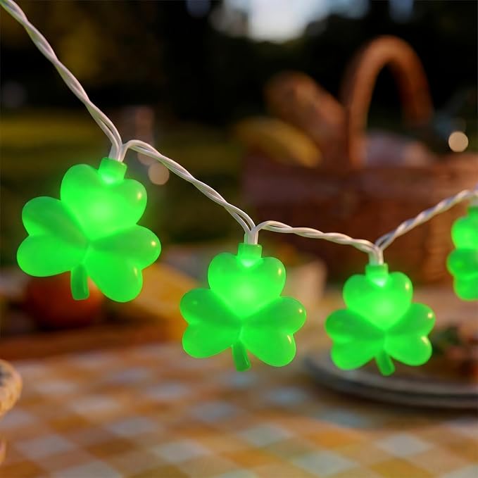 Shamrock String Lights, 8.5Ft St Patrick's Day Decorations with 10 LED Solid Green Clover Lights, Plug in Clover Fairy String Lights for Party Bar Garden Bedroom Party Irish Holiday Decor