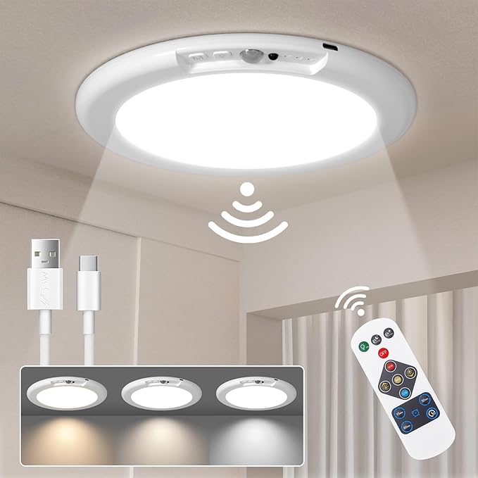 LINEWAY Rechargeable Motion Sensor Ceiling Light with Remote,Battery Operated LED Ceiling Lights 3 Colors Dimmer 7.5'' Wireless Closet Light Magnetic Motion Activated Shower Light for Shed Pantry | Battery Operated LED, 3 Colors Dimmer, Wireless with R...