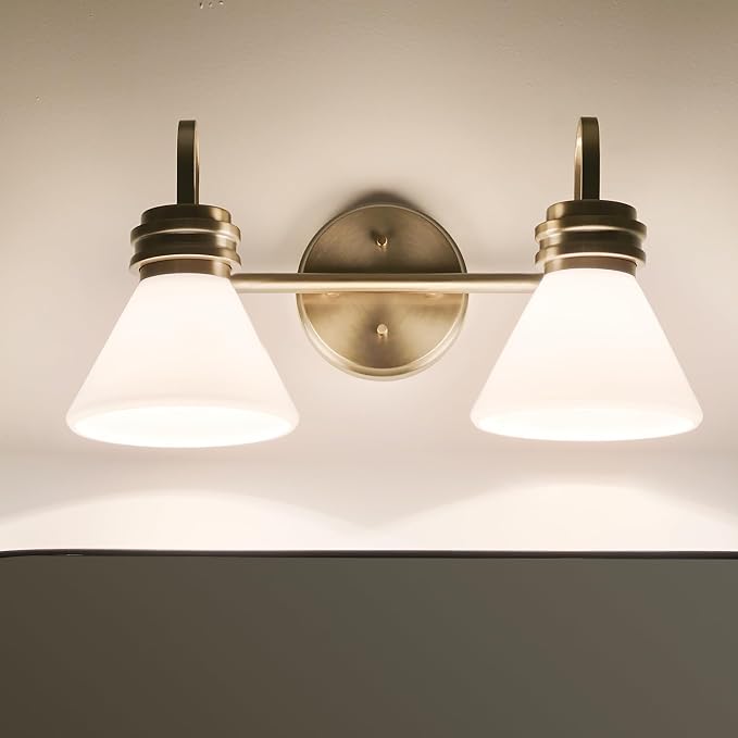 Kichler Farum 2-Light Bathroom Vanity Light, Champagne Bronze | Modern vanity light with opal glass for bathroom mirrors (19.25" x 9.5"), 55154CPZ