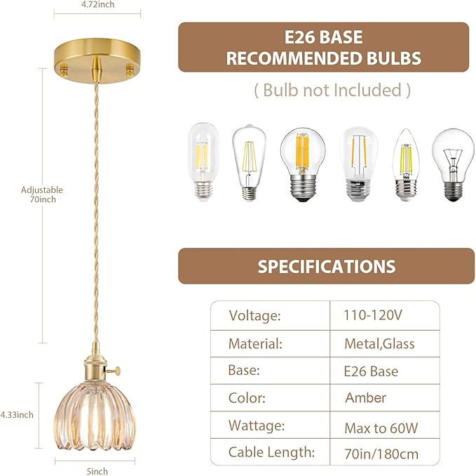 Mini Pendant Lights Kitchen Island 2 Pack, Small Adjustable Pendant Light Fixture with Amber Tulip Glass Lampshade, Vintage Gold Pendant Lighting, Pendant Light for Bedroom Dining Room Hallway