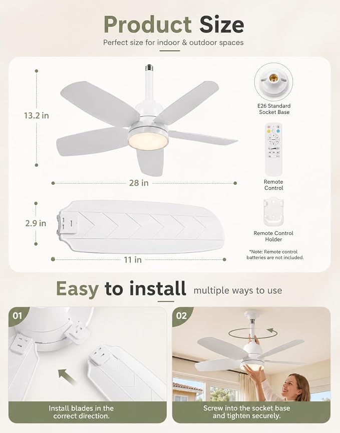 Ceiling Fan with Light, 28'' Flush Mount Low Profile Fan for Bedroom &Patio | Quiet Reversible DC Motor, 6-Speed, 3-Color Temp Dimmable LED Light with Remote & Timer, Indoor Small Ceiling Fan White