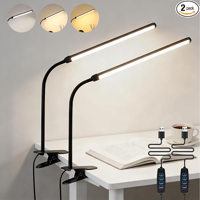 2 Pack LED Desk Lamp with Clamp,Eye-Friendly Clip on Lights for Home Office Study Reading,3 Modes 10 Brightness,Long Flexible Goose-Neck,Swing Arm Architect Task Table Lamps USB Usage