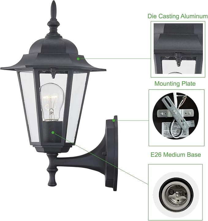 WISBEAM 2 Pack Outdoor Wall Light, Black Wall Sconce for House Porch Lighting Fixture, E26 Base 60W Max, Metal Housing Plus Glass, Wet Location Rated, ETL Qualified, Bulbs not Included