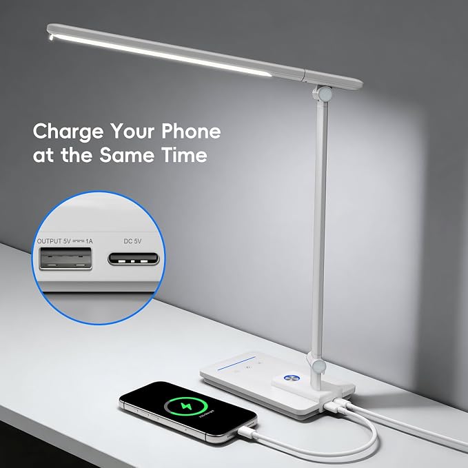 ELECTRI Desk Lamp for Home Office, 5 Color & Stepless Dimming, Eye-Caring | 360° Rotatable, Touch Control, with USB-C Output Port, for Study, Reading, Work, Nail Art, Craft, Puzzle, with Adapter