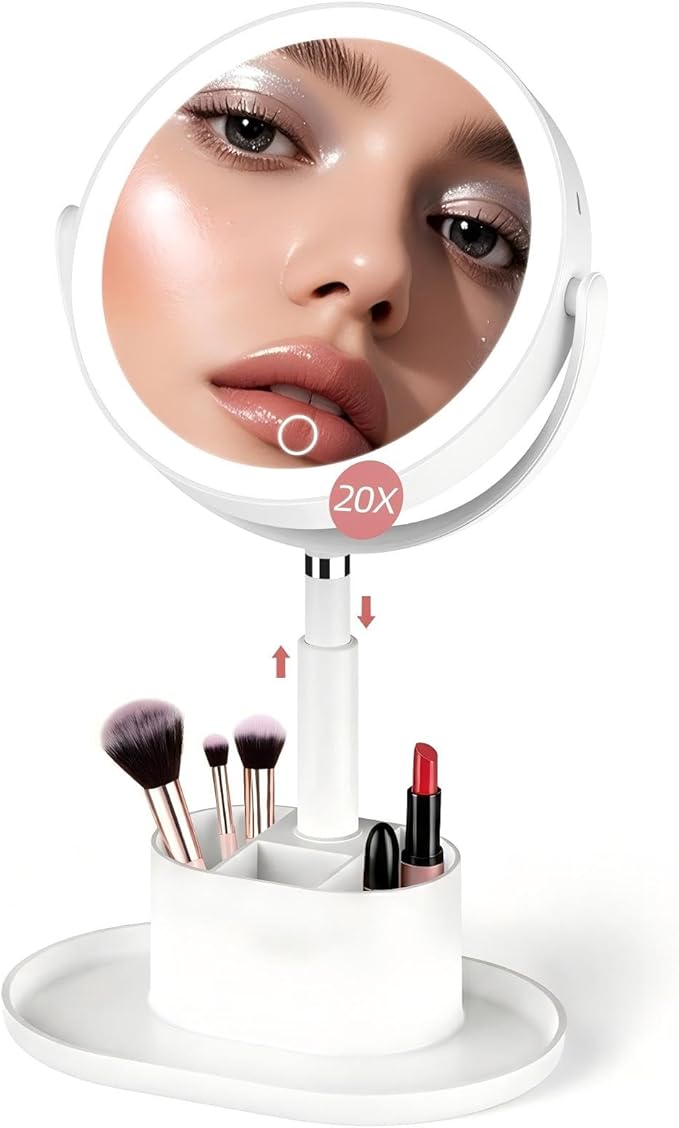 Travel Makeup Mirror with Lights, 1X/20X Lighted Makeup Vanity Mirror with Storage , 2-Sided Height Adjustable Magnifying Detachable Desk Mirror with 3 Color Lights, 360° Rotation & Rechargeable