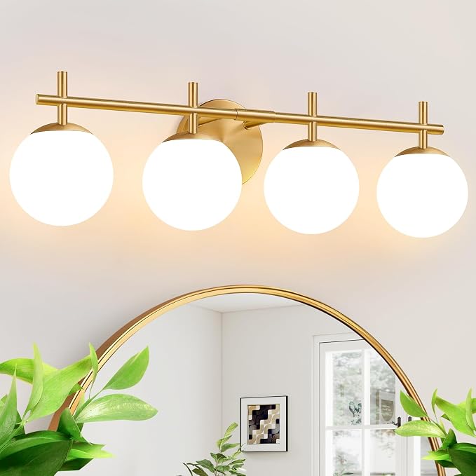 MOKATNG 4-Light Bathroom Light Fixtures, Brushed Gold Vanity Lights for Bathroom with Milky White Glass Shade, Bathroom Lighting Fixtures Over Mirror, Wall Sconce for Bedroom (Bulb Not Included)