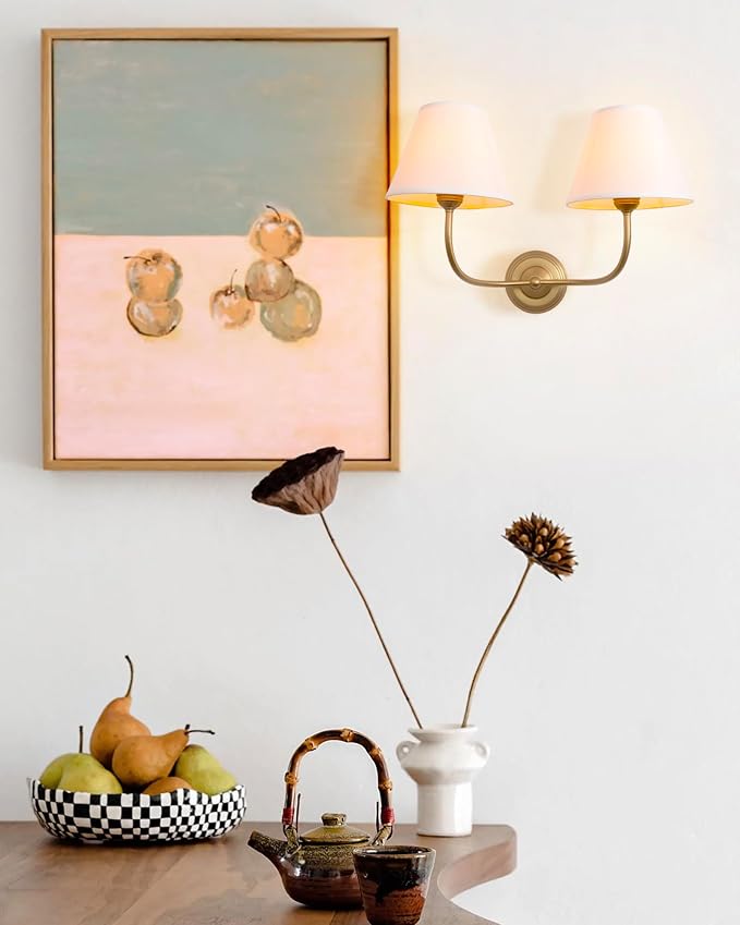 Vintage 2-Lights Fabric Sconces Wall Lighting with White Cloth Shade, Double Arm Wall Lamp Fixture for Living Room Bathroom Bedroom Hallway