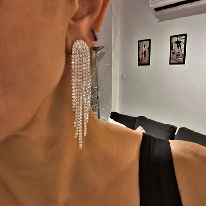 Luxval Rhinestone Earrings Dangling for Women Sparkly Silver Dangle Earrings Girls Long Chandelier Earrings Tassel Lightweight Ear Studs Cubic Zirconia Crystal Statement