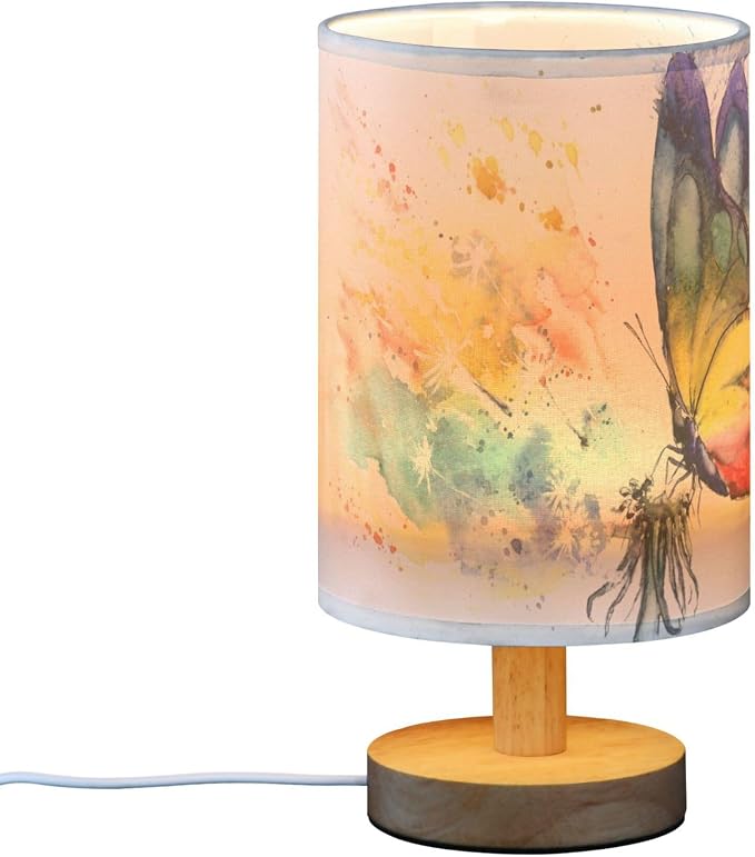 Table Lamp Paint Butterfly Dandelion Nightstand Lamp with Wood Base Fabric Lamp Shade Bedside Desk Lamp for Living Room Bedroom Kids Room Office
