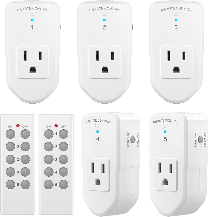 BN-LINK Wireless Remote Control Outlet Electrical Switch for Lights, Fans, Christmas Lights, Small Appliance, 100ft Long Range White (Learning Code, 5Rx-2Tx) 1200W/10A, ETL & FCC Certified