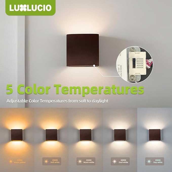 Indoor Outdoor Brown Up and Down Wall Sconce, 5%-100% Dimmable 18W, 5 Color Temperature Selectable (2700K-5000K), Modern Lighting for Living Room/Porch, CRI90+, 120V-277V, ETL FCC Certified