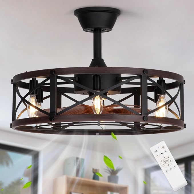 SHLUCE 22 Inch Farmhouse Caged Ceiling Fan with Light, Brown, ETL Listed | Rustic Fandelier Design, Remote Controlled, Quiet Operation, Energy Efficient, Ideal for Kitchen & Bedroom Indoor Use