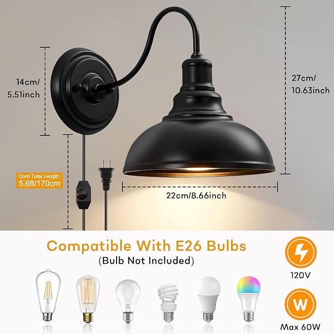 Lightess Plug in Wall Sconces Set of 2, Black Lamp with Cord Dimmer Switch | Gooseneck Farmhouse Style, Dimmable Switch Easy Brightness Control, Rustic Industrial Barn Style Fits Indoor Household Decor