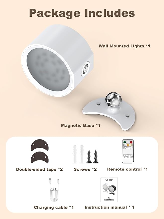 Smiling Shark Wall Light F9, Rechargeable Wall Mounted Lamp LED 3 Color & 4 Brightness Stepless Dimming 360° Rotate Magnetic Ball Cordless Wall Sconce Lamp for Bedroom Reading Bedside (1, White)
