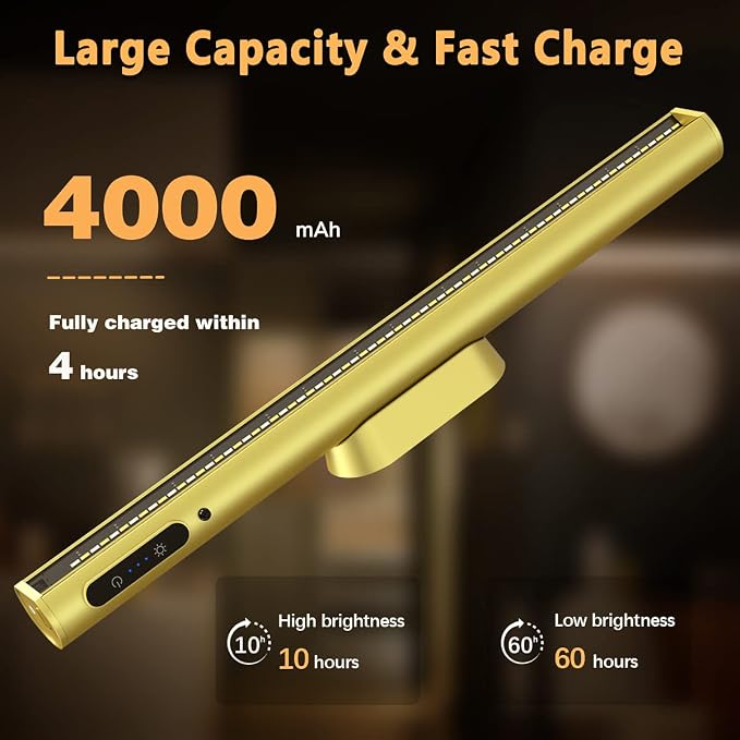 Rechargeable Magnetic LED Light Bar, 4000mAh Wireless Closet Light | Under Cabinet Lighting, Battery Powered Operated Wall Strip Light, Dimmable Lamp for Mirror Closet Picture Kitchen Gold