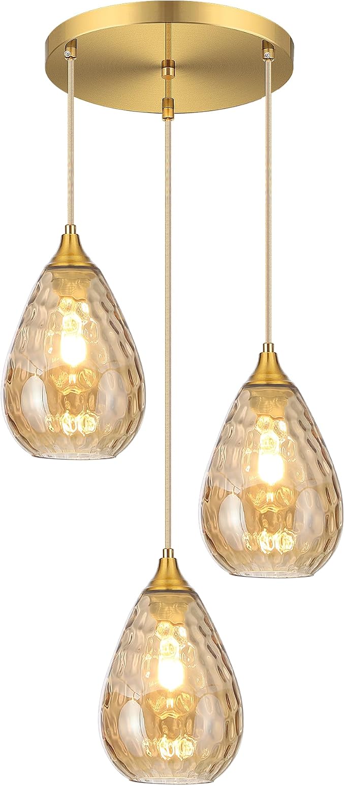 3-Light Pendant Lighting Dining Room Lights Fixture Over Table | Amber Hammered Glass, Brushed Gold, Farmhouse, Hardwired, E26, Cluster Hanging Lights for Kitchen Island, Dining Room