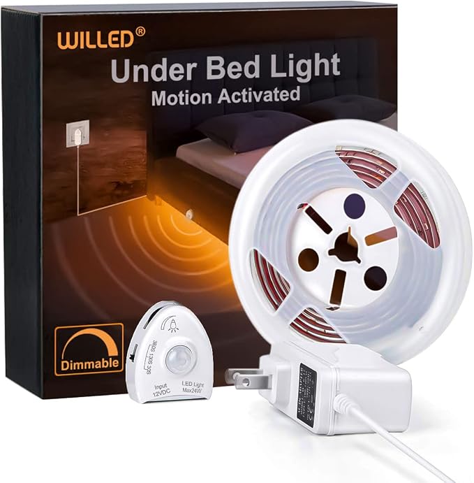 WILLED Under Bed Lights, Dimmable Motion Activated Led Light Strip, Under Bed Lighting with Motion Sensor and Power Adapter, Soft Warm Glow LED Lights for Bedroom, Crib, Cabinet and Bathroom
