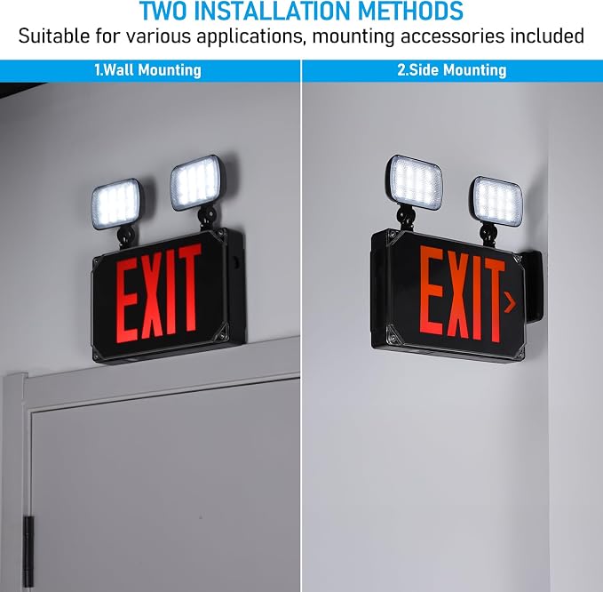 LEONLITE 4-Pack Wet Location LED Exit Sign with Emergency Lights Black | UL Listed, AC 120/277V, Outdoor Hardwired Red Letter Exit Light with Battery Backup, 2 Dual Heads, Double Face