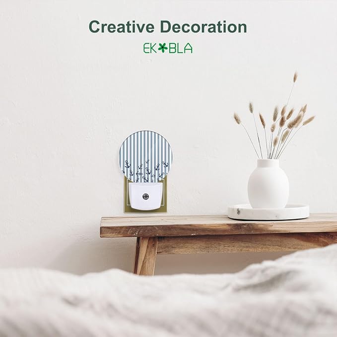 EKOBLA Watercolor Anchor LED Night Light Blue and White Stripes Nautical Coastal Dusk to Dawn Plug-in Nightlights Auto Sensor for Home Indoor Bathroom Hallway Kitchen