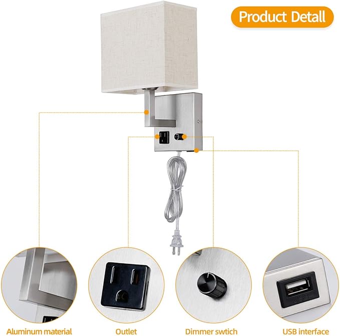 Plug in Wall Sconce, Bedside Wall lamp with Plug and dimmable Switch, with USB Charging Port and Socket, Suitable for Hotel, Corridor, Living Room and Bedroom Wall Light (Nickel)