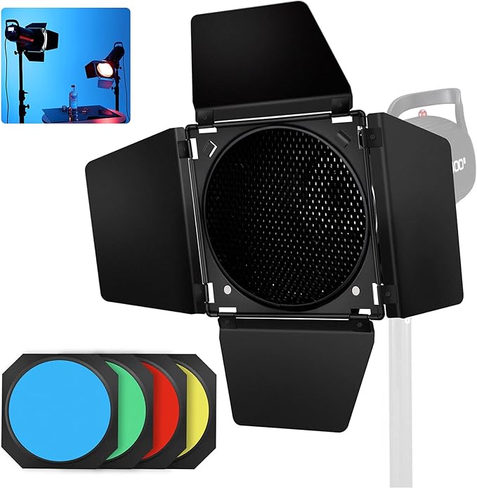 Godox BD-04 Barn Door & Honeycomb Grid &4 Color Gel Filters Compatible for Standard Reflectors Accessories kit