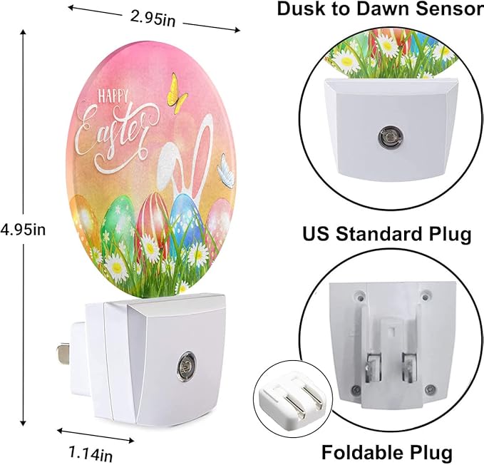 Easter Bunny Eggs Night Light Butterfly Green Grass Spring Farmhouse Dusk to Dawn Plug-in Nightlight Auto Sensor for Bedroom Bathroom Hallway Living Room
