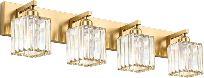 Gold Crystal Bathroom Vanity Light, 4-Light Modern Bathroom Lighting Fixtures Over Mirror,Chrome Wall Sconce Light Fixtures with Square Shade