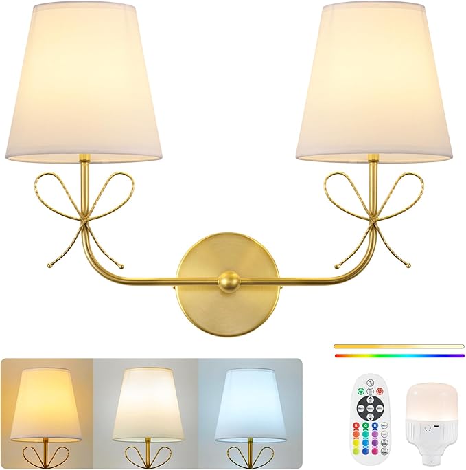 PASSICA DECOR Bow Battery Operated Wall Sconce, Rechargeable Wireless Double Lights with Dimmable Bulbs, 15 Colors and Remote Control, Gold Wall Lamps for Bedroom, Bathroom