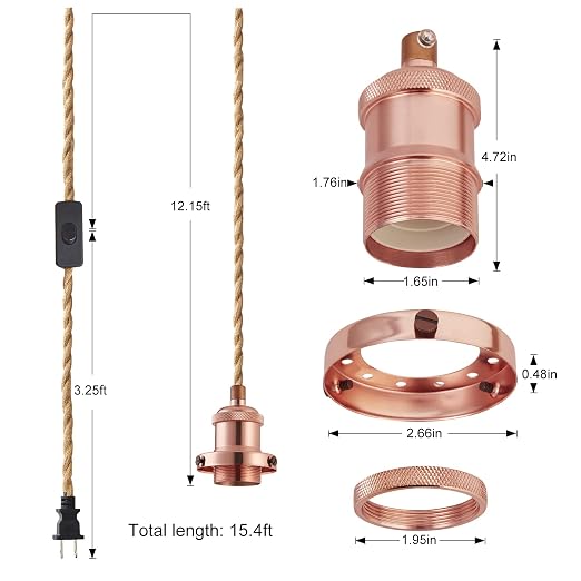 15.4ft Pendant Light Cord Kit, Industrial Vintage Plug in E26 Socket Hanging Light with Switch, Hemp Rope Hanging Light Fixture for Pendant Lamp Farmhouse Lamp Cable DIY